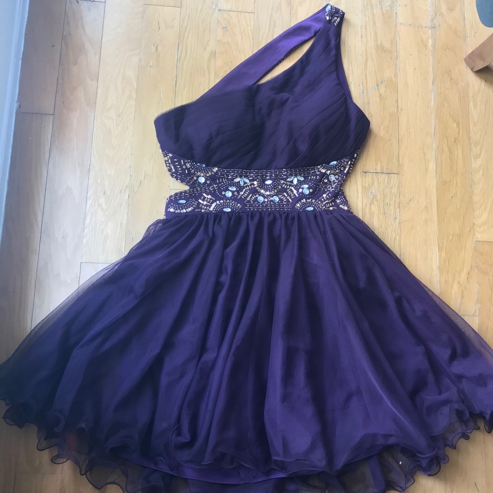 Plum One Shoulder Beaded Gem Waistband Sz 17 Dress
